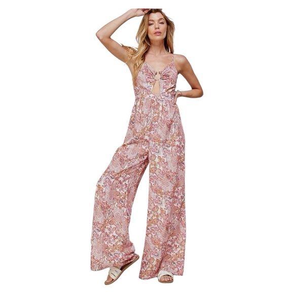 NWT Sweet Lemon baby pink paisley metal ring cutout jumpsuit size M - Picture 2 of 9